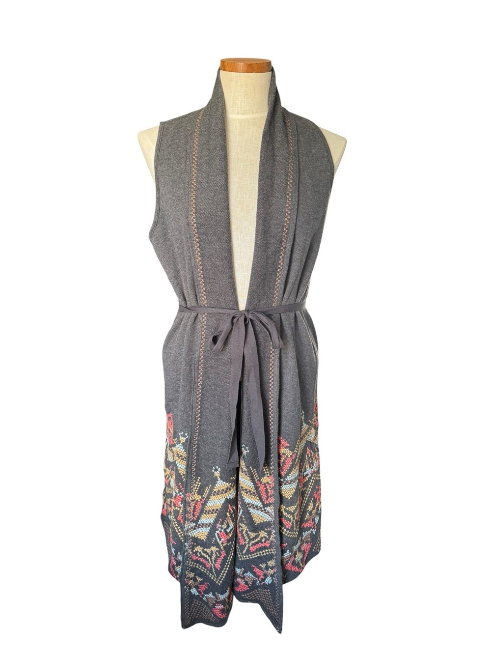 Johnny Was Gray Sleeveless Belted Cardigan with Multicolor Floral Border